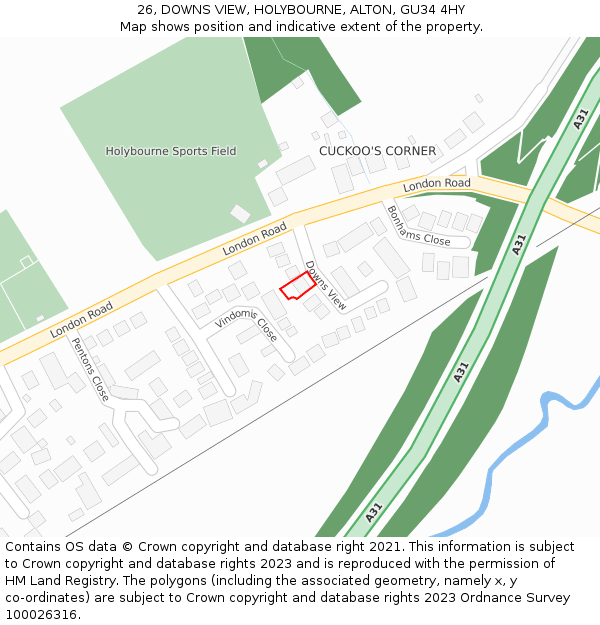 26, DOWNS VIEW, HOLYBOURNE, ALTON, GU34 4HY: Location map and indicative extent of plot