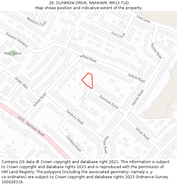 26, DUNMOW DRIVE, RAINHAM, RM13 7UD: Location map and indicative extent of plot