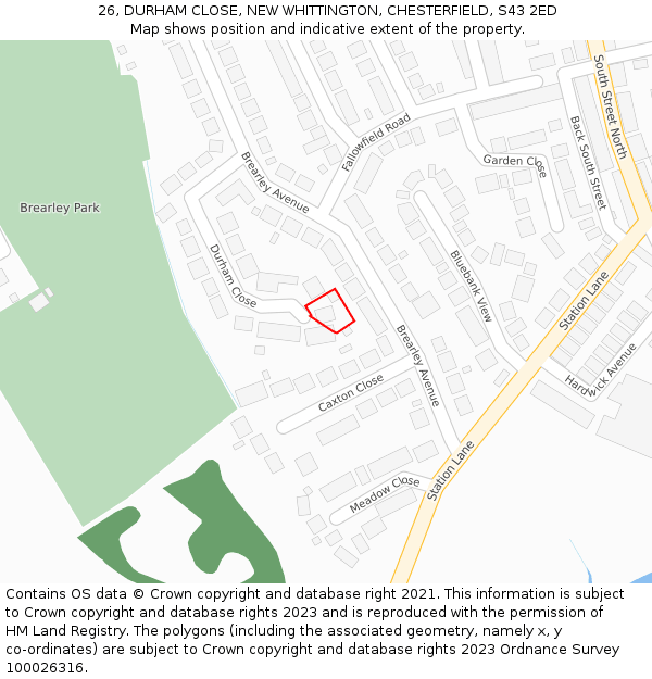 26, DURHAM CLOSE, NEW WHITTINGTON, CHESTERFIELD, S43 2ED: Location map and indicative extent of plot