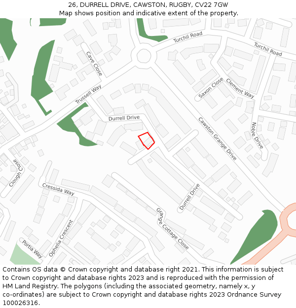 26, DURRELL DRIVE, CAWSTON, RUGBY, CV22 7GW: Location map and indicative extent of plot