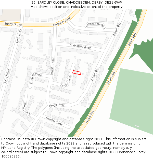 26, EARDLEY CLOSE, CHADDESDEN, DERBY, DE21 6WW: Location map and indicative extent of plot