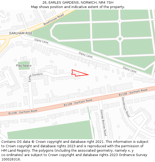 26, EARLES GARDENS, NORWICH, NR4 7SH: Location map and indicative extent of plot