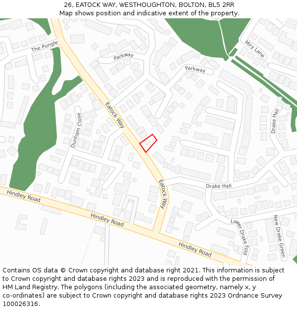 26, EATOCK WAY, WESTHOUGHTON, BOLTON, BL5 2RR: Location map and indicative extent of plot