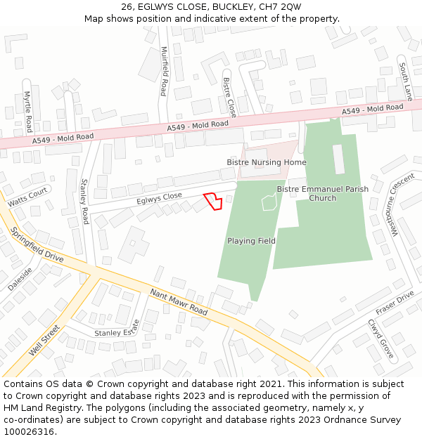 26, EGLWYS CLOSE, BUCKLEY, CH7 2QW: Location map and indicative extent of plot