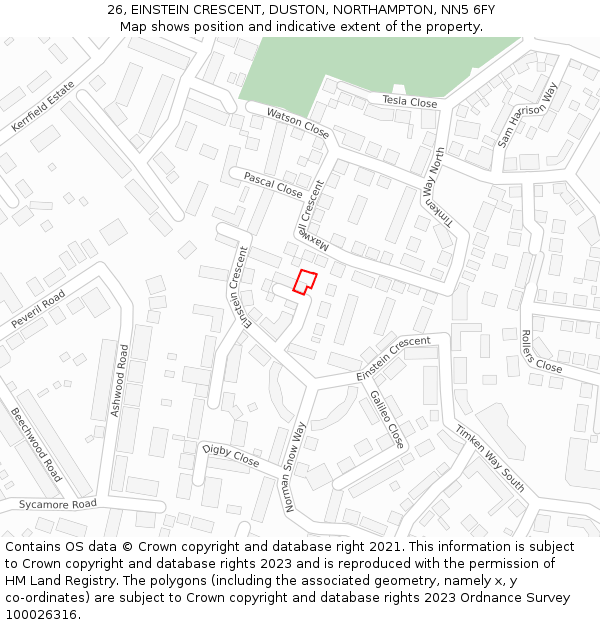 26, EINSTEIN CRESCENT, DUSTON, NORTHAMPTON, NN5 6FY: Location map and indicative extent of plot