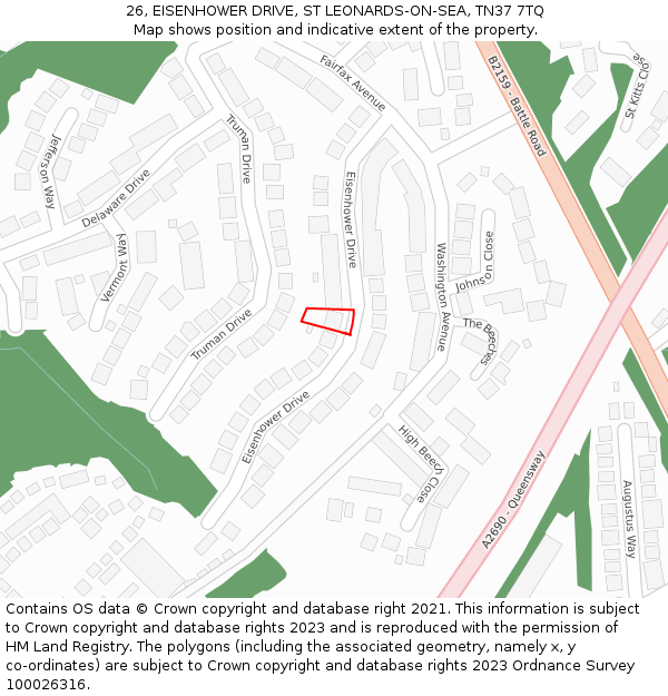 26, EISENHOWER DRIVE, ST LEONARDS-ON-SEA, TN37 7TQ: Location map and indicative extent of plot