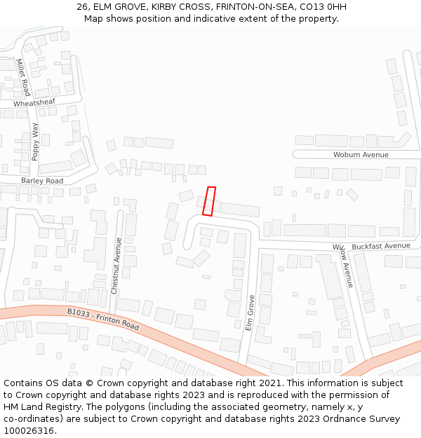 26, ELM GROVE, KIRBY CROSS, FRINTON-ON-SEA, CO13 0HH: Location map and indicative extent of plot