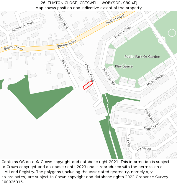 26, ELMTON CLOSE, CRESWELL, WORKSOP, S80 4EJ: Location map and indicative extent of plot