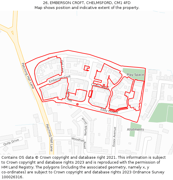 26, EMBERSON CROFT, CHELMSFORD, CM1 4FD: Location map and indicative extent of plot