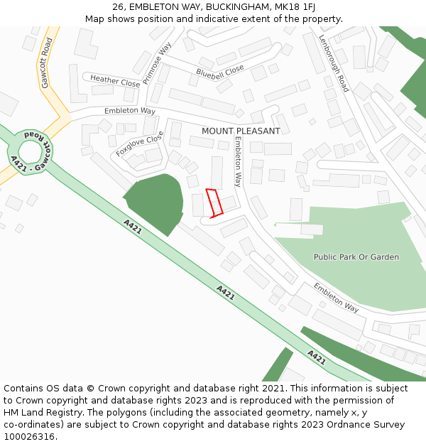 26, EMBLETON WAY, BUCKINGHAM, MK18 1FJ: Location map and indicative extent of plot