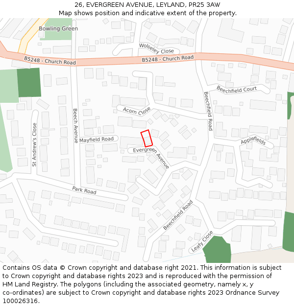 26, EVERGREEN AVENUE, LEYLAND, PR25 3AW: Location map and indicative extent of plot