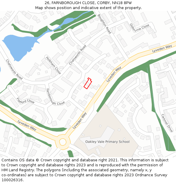 26, FARNBOROUGH CLOSE, CORBY, NN18 8PW: Location map and indicative extent of plot