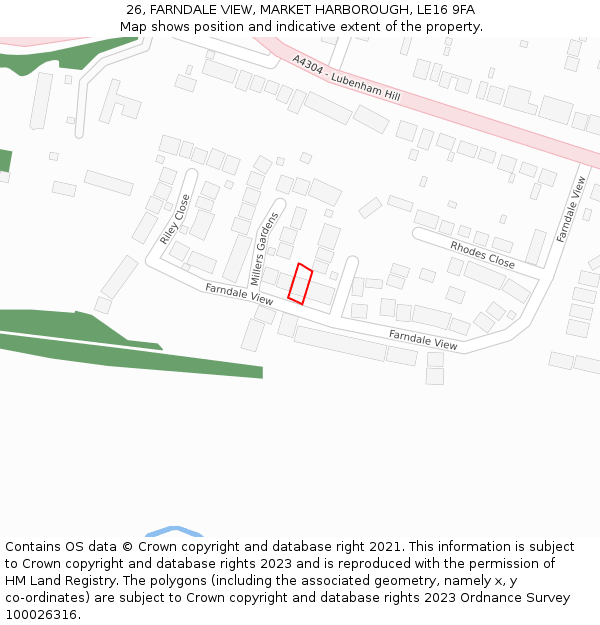 26, FARNDALE VIEW, MARKET HARBOROUGH, LE16 9FA: Location map and indicative extent of plot