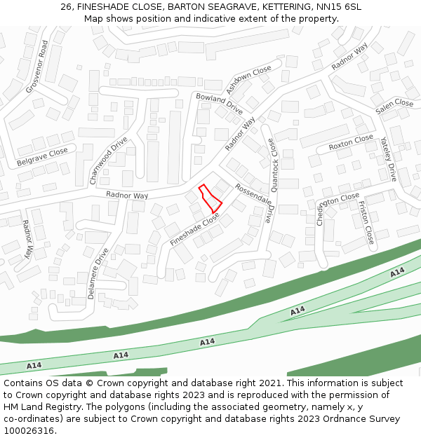 26, FINESHADE CLOSE, BARTON SEAGRAVE, KETTERING, NN15 6SL: Location map and indicative extent of plot