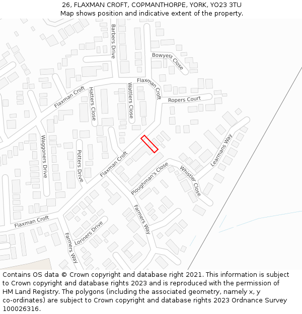 26, FLAXMAN CROFT, COPMANTHORPE, YORK, YO23 3TU: Location map and indicative extent of plot