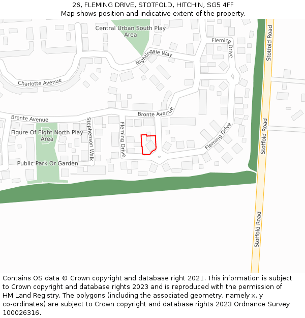 26, FLEMING DRIVE, STOTFOLD, HITCHIN, SG5 4FF: Location map and indicative extent of plot