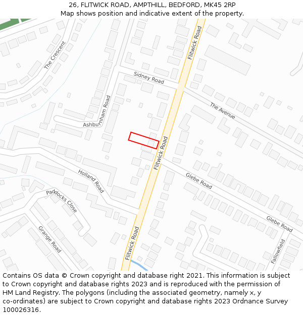 26, FLITWICK ROAD, AMPTHILL, BEDFORD, MK45 2RP: Location map and indicative extent of plot