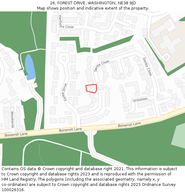 26, FOREST DRIVE, WASHINGTON, NE38 9JD: Location map and indicative extent of plot