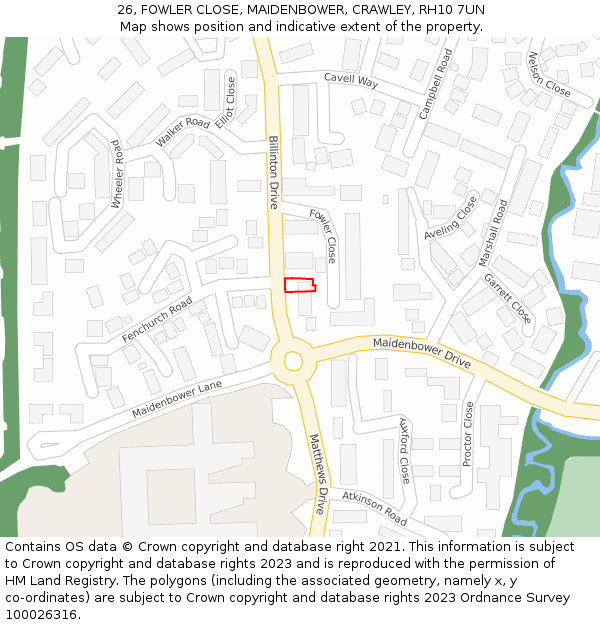 26, FOWLER CLOSE, MAIDENBOWER, CRAWLEY, RH10 7UN: Location map and indicative extent of plot
