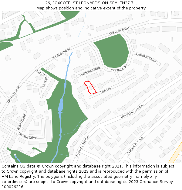 26, FOXCOTE, ST LEONARDS-ON-SEA, TN37 7HJ: Location map and indicative extent of plot