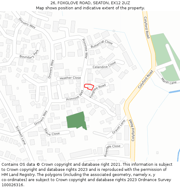 26, FOXGLOVE ROAD, SEATON, EX12 2UZ: Location map and indicative extent of plot