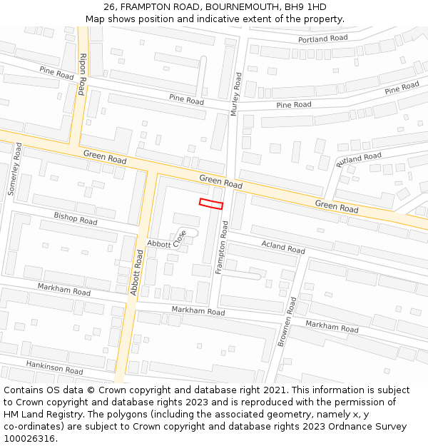 26, FRAMPTON ROAD, BOURNEMOUTH, BH9 1HD: Location map and indicative extent of plot