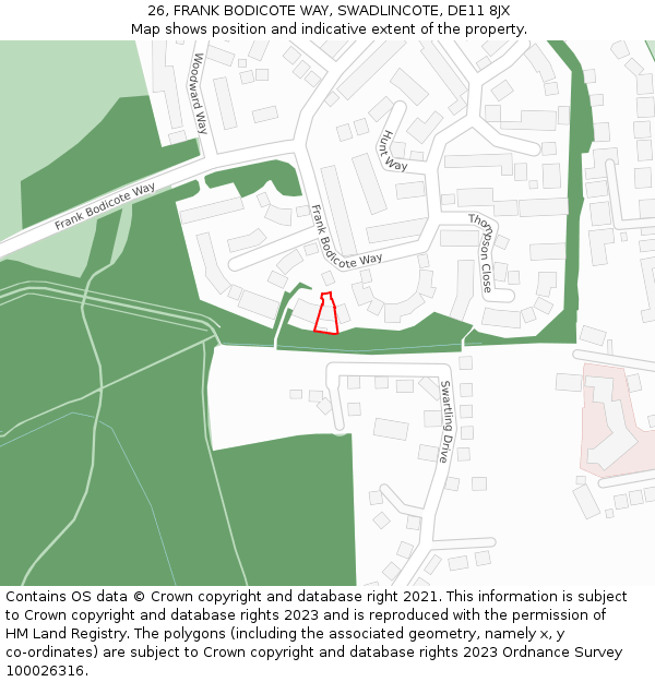 26, FRANK BODICOTE WAY, SWADLINCOTE, DE11 8JX: Location map and indicative extent of plot