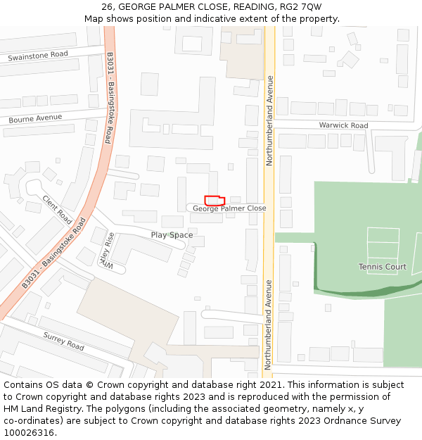 26, GEORGE PALMER CLOSE, READING, RG2 7QW: Location map and indicative extent of plot