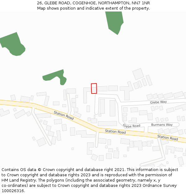 26, GLEBE ROAD, COGENHOE, NORTHAMPTON, NN7 1NR: Location map and indicative extent of plot