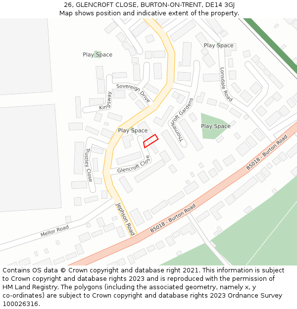 26, GLENCROFT CLOSE, BURTON-ON-TRENT, DE14 3GJ: Location map and indicative extent of plot