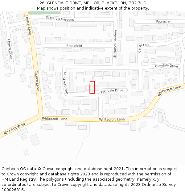26, GLENDALE DRIVE, MELLOR, BLACKBURN, BB2 7HD: Location map and indicative extent of plot