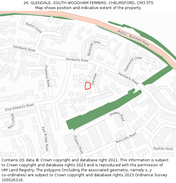 26, GLENDALE, SOUTH WOODHAM FERRERS, CHELMSFORD, CM3 5TS: Location map and indicative extent of plot