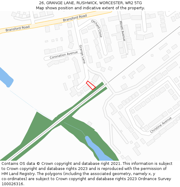 26, GRANGE LANE, RUSHWICK, WORCESTER, WR2 5TG: Location map and indicative extent of plot