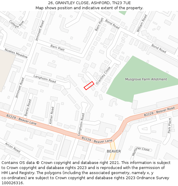 26, GRANTLEY CLOSE, ASHFORD, TN23 7UE: Location map and indicative extent of plot