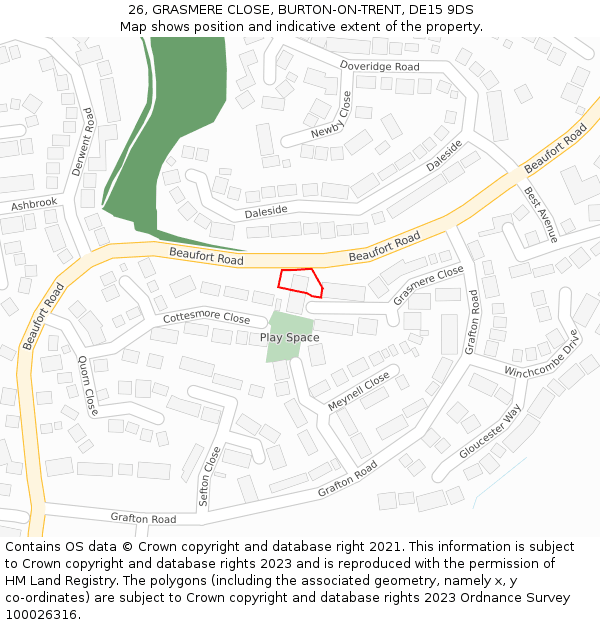 26, GRASMERE CLOSE, BURTON-ON-TRENT, DE15 9DS: Location map and indicative extent of plot