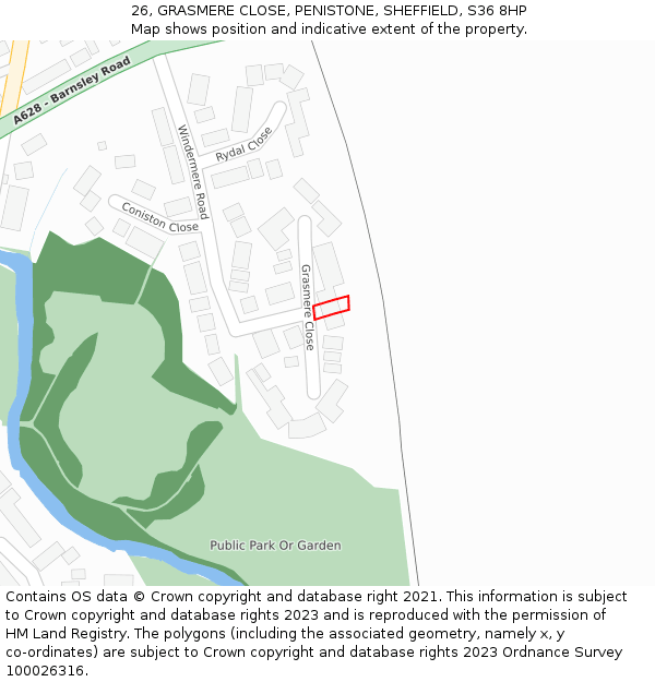 26, GRASMERE CLOSE, PENISTONE, SHEFFIELD, S36 8HP: Location map and indicative extent of plot