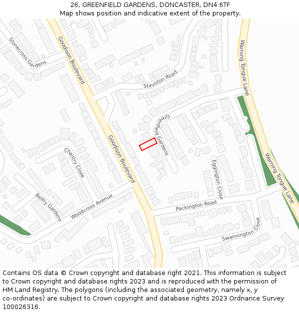 26, GREENFIELD GARDENS, DONCASTER, DN4 6TF: Location map and indicative extent of plot