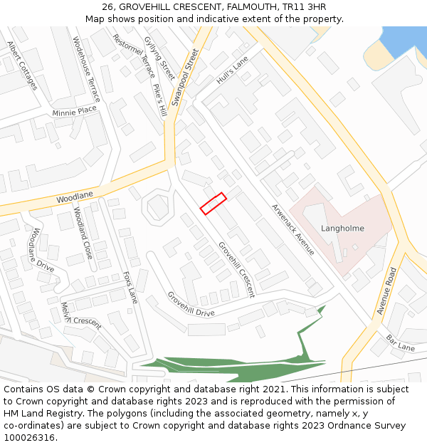 26, GROVEHILL CRESCENT, FALMOUTH, TR11 3HR: Location map and indicative extent of plot