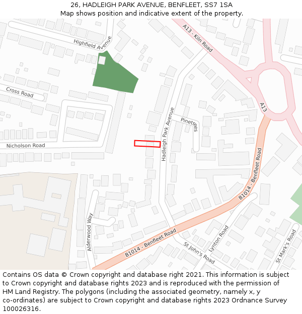 26, HADLEIGH PARK AVENUE, BENFLEET, SS7 1SA: Location map and indicative extent of plot