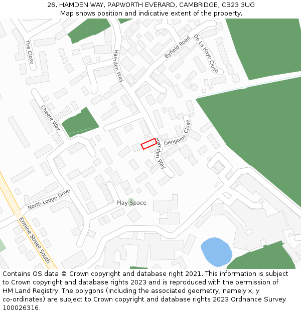 26, HAMDEN WAY, PAPWORTH EVERARD, CAMBRIDGE, CB23 3UG: Location map and indicative extent of plot