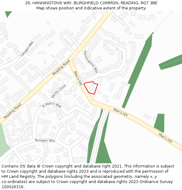 26, HANNINGTONS WAY, BURGHFIELD COMMON, READING, RG7 3BE: Location map and indicative extent of plot