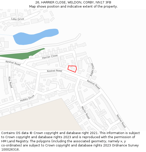 26, HARRIER CLOSE, WELDON, CORBY, NN17 3FB: Location map and indicative extent of plot