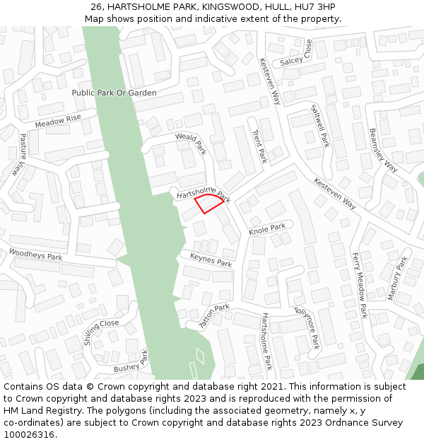26, HARTSHOLME PARK, KINGSWOOD, HULL, HU7 3HP: Location map and indicative extent of plot
