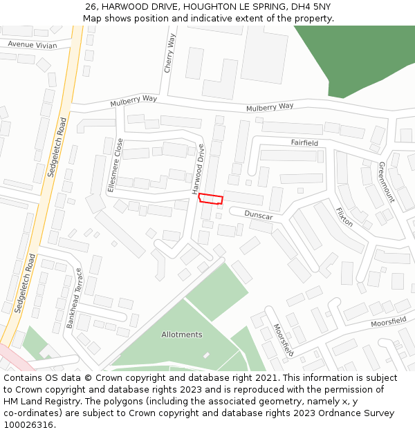 26, HARWOOD DRIVE, HOUGHTON LE SPRING, DH4 5NY: Location map and indicative extent of plot