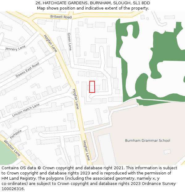 26, HATCHGATE GARDENS, BURNHAM, SLOUGH, SL1 8DD: Location map and indicative extent of plot