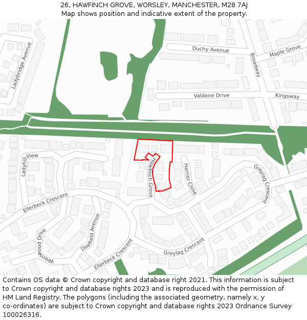 26, HAWFINCH GROVE, WORSLEY, MANCHESTER, M28 7AJ: Location map and indicative extent of plot