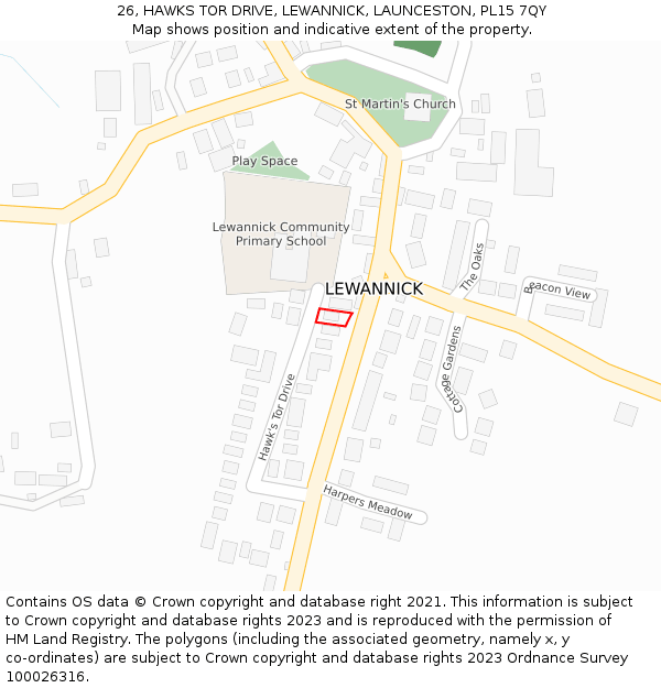 26, HAWKS TOR DRIVE, LEWANNICK, LAUNCESTON, PL15 7QY: Location map and indicative extent of plot