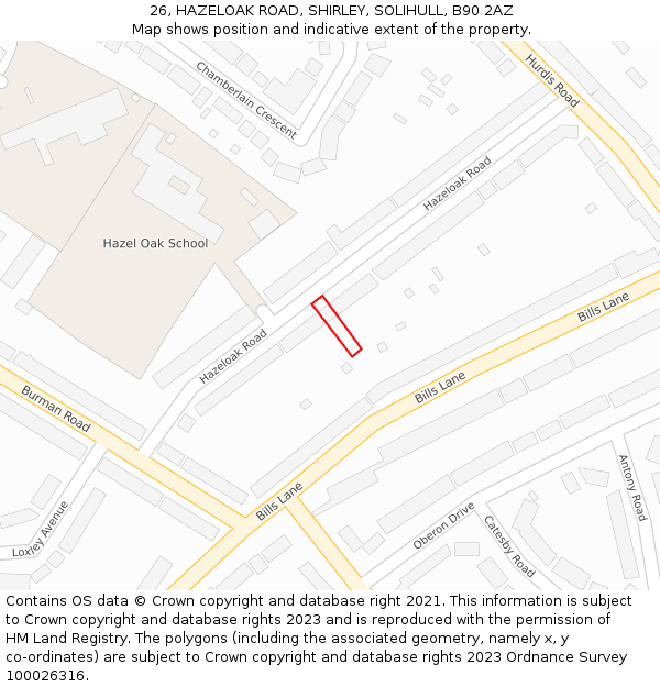 26, HAZELOAK ROAD, SHIRLEY, SOLIHULL, B90 2AZ: Location map and indicative extent of plot
