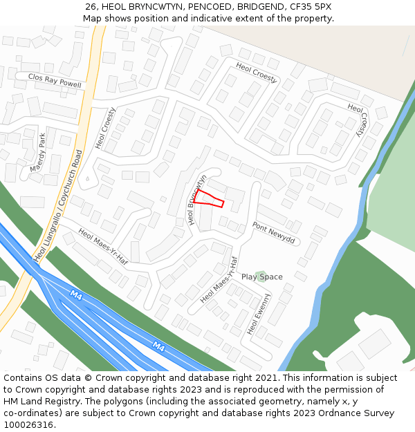 26, HEOL BRYNCWTYN, PENCOED, BRIDGEND, CF35 5PX: Location map and indicative extent of plot