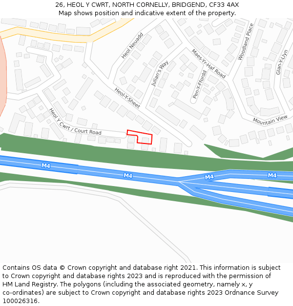 26, HEOL Y CWRT, NORTH CORNELLY, BRIDGEND, CF33 4AX: Location map and indicative extent of plot